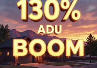 A viral, hyper-realistic YouTube thumbnail with a warm Western Colorado sunset atmosphere. The background is a classic Grand Junction red-brick neighborhood street at golden hour with mature trees and the Colorado National Monument glowing in the distance. The composition uses a dramatic low-angle shot to focus on the main subject: a beautifully built modern ADU with warm lights on next to a traditional single-family home, both sharing one driveway. The image features massive 3D typography with strict hierarchy: The Primary Text reads exactly: '130% ADU BOOM'. This text is massive, the largest element in the frame, rendered in glowing molten gold with realistic light rays like a high-budget 3D render. The Secondary Text reads exactly: 'Grand Junction'. This text is significantly smaller, positioned below the main text with a thick white sticker-style border and slight drop shadow to pop against the sunset sky. Make sure text 2 is clean white with red outline western style. The text materials correspond to the story's concept. Crucial Instruction: There is absolutely NO other text, numbers, watermarks, or subtitles in this image other than these two specific lines. 8k, Unreal Engine 5, cinematic render