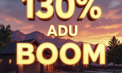 A viral, hyper-realistic YouTube thumbnail with a warm Western Colorado sunset atmosphere. The background is a classic Grand Junction red-brick neighborhood street at golden hour with mature trees and the Colorado National Monument glowing in the distance. The composition uses a dramatic low-angle shot to focus on the main subject: a beautifully built modern ADU with warm lights on next to a traditional single-family home, both sharing one driveway. The image features massive 3D typography with strict hierarchy: The Primary Text reads exactly: '130% ADU BOOM'. This text is massive, the largest element in the frame, rendered in glowing molten gold with realistic light rays like a high-budget 3D render. The Secondary Text reads exactly: 'Grand Junction'. This text is significantly smaller, positioned below the main text with a thick white sticker-style border and slight drop shadow to pop against the sunset sky. Make sure text 2 is clean white with red outline western style. The text materials correspond to the story's concept. Crucial Instruction: There is absolutely NO other text, numbers, watermarks, or subtitles in this image other than these two specific lines. 8k, Unreal Engine 5, cinematic render