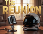 A viral, hyper-realistic YouTube thumbnail with a Heartwarming/Nostalgic atmosphere. The background is a soft-focus interior of a dignified senior care facility with warm, golden hour lighting streaming through a window. The composition uses a Eye-Level Angle to focus on the main subject: a Vintage Microphone resting on a table next to a Modern Astronaut Helmet. The image features massive 3D typography with strict hierarchy: The Primary Text reads exactly: 'THE REUNION'. This text is massive, the largest element in the frame, rendered in Gold to look like a high-budget 3D render. The Secondary Text reads exactly: '30 YEARS LATER'. This text is significantly smaller, positioned below or next to the main text. It features a thick, distinct color border/outline (sticker style) to contrast against the background. Make sure text 2 is always different theme, style, effect and border compared to text 1.