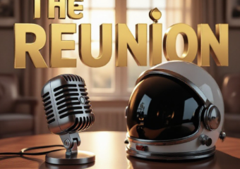 A viral, hyper-realistic YouTube thumbnail with a Heartwarming/Nostalgic atmosphere. The background is a soft-focus interior of a dignified senior care facility with warm, golden hour lighting streaming through a window. The composition uses a Eye-Level Angle to focus on the main subject: a Vintage Microphone resting on a table next to a Modern Astronaut Helmet. The image features massive 3D typography with strict hierarchy: The Primary Text reads exactly: 'THE REUNION'. This text is massive, the largest element in the frame, rendered in Gold to look like a high-budget 3D render. The Secondary Text reads exactly: '30 YEARS LATER'. This text is significantly smaller, positioned below or next to the main text. It features a thick, distinct color border/outline (sticker style) to contrast against the background. Make sure text 2 is always different theme, style, effect and border compared to text 1.