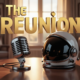A viral, hyper-realistic YouTube thumbnail with a Heartwarming/Nostalgic atmosphere. The background is a soft-focus interior of a dignified senior care facility with warm, golden hour lighting streaming through a window. The composition uses a Eye-Level Angle to focus on the main subject: a Vintage Microphone resting on a table next to a Modern Astronaut Helmet. The image features massive 3D typography with strict hierarchy: The Primary Text reads exactly: 'THE REUNION'. This text is massive, the largest element in the frame, rendered in Gold to look like a high-budget 3D render. The Secondary Text reads exactly: '30 YEARS LATER'. This text is significantly smaller, positioned below or next to the main text. It features a thick, distinct color border/outline (sticker style) to contrast against the background. Make sure text 2 is always different theme, style, effect and border compared to text 1.