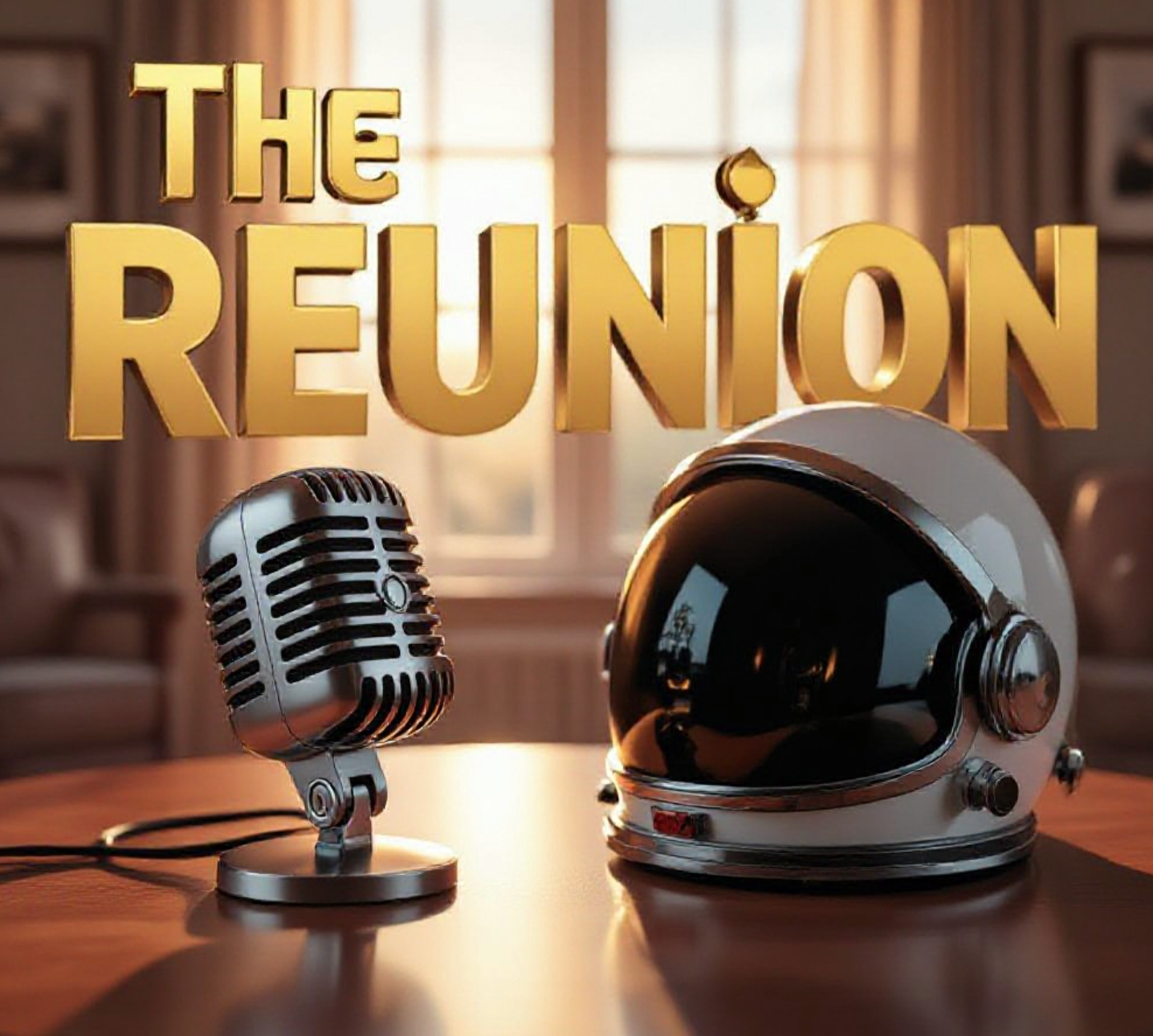 A viral, hyper-realistic YouTube thumbnail with a Heartwarming/Nostalgic atmosphere. The background is a soft-focus interior of a dignified senior care facility with warm, golden hour lighting streaming through a window. The composition uses a Eye-Level Angle to focus on the main subject: a Vintage Microphone resting on a table next to a Modern Astronaut Helmet. The image features massive 3D typography with strict hierarchy: The Primary Text reads exactly: 'THE REUNION'. This text is massive, the largest element in the frame, rendered in Gold to look like a high-budget 3D render. The Secondary Text reads exactly: '30 YEARS LATER'. This text is significantly smaller, positioned below or next to the main text. It features a thick, distinct color border/outline (sticker style) to contrast against the background. Make sure text 2 is always different theme, style, effect and border compared to text 1.