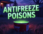 A viral, hyper-realistic YouTube thumbnail with a dark, tense crime-drama atmosphere. The background is a shadowy Colorado backyard at dusk with faint porch lights and a chain-link fence, subtle purple-blue lighting creating dread. The composition uses a low, slightly Dutch angle to focus on the main subject: a shallow red tuna can filled with glowing neon-green liquid sitting innocently on dry grass. The image features massive 3D typography with strict hierarchy: The Primary Text reads exactly: 'ANTIFREEZE POISON'. This text is massive, the largest element in the frame, rendered in toxic glowing green chrome with dripping liquid effect to look like a high-budget 3D render. The Secondary Text reads exactly: 'KILLS CAT IN HOURS'. This text is significantly smaller, positioned below the main text with thick red warning-style outline and subtle blood-drip border. The text materials correspond to the story's concept. Crucial Instruction: There is absolutely NO other text, numbers, watermarks, or subtitles in this image other than these two specific lines. 8k, Unreal Engine 5, cinematic render