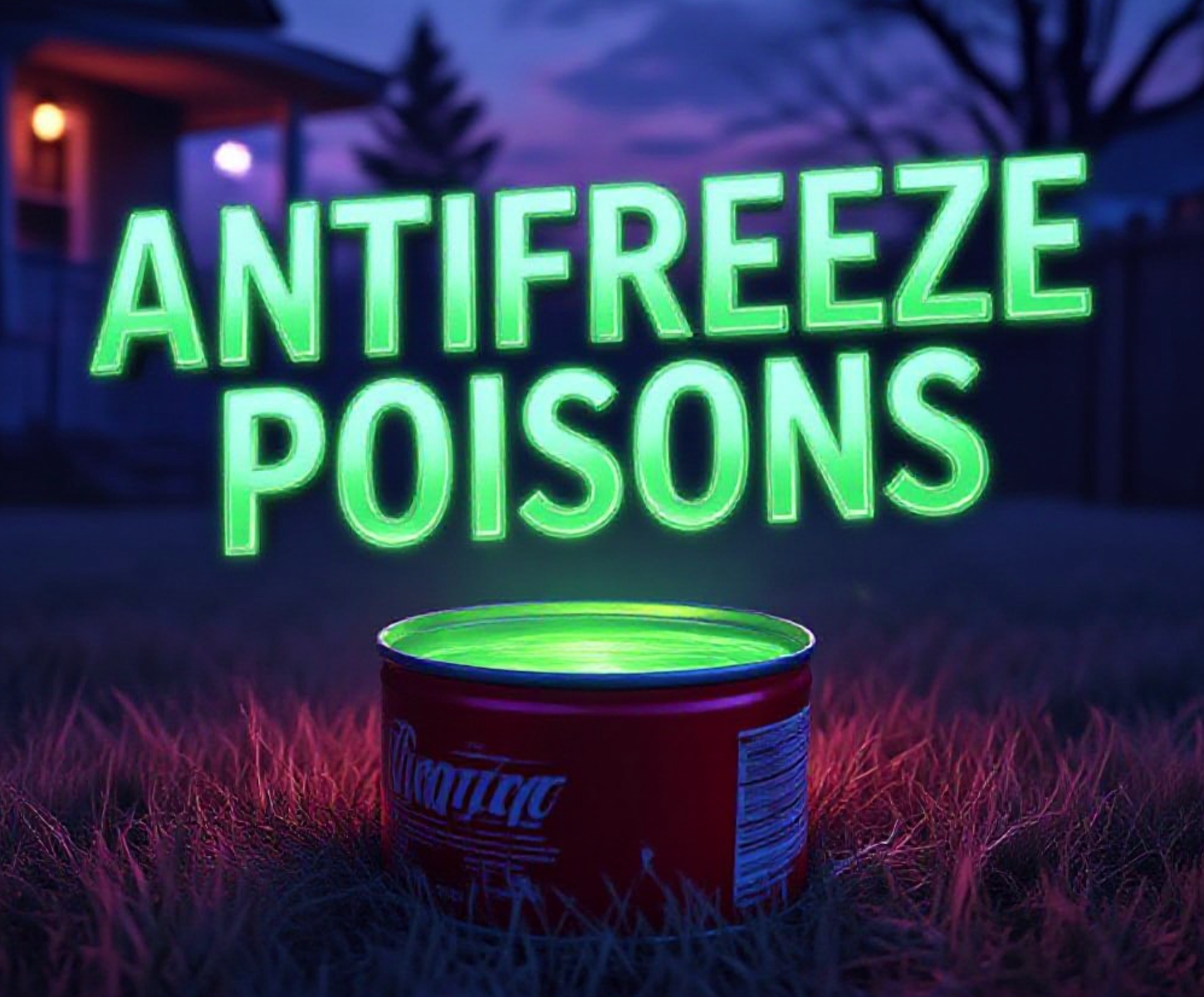 A viral, hyper-realistic YouTube thumbnail with a dark, tense crime-drama atmosphere. The background is a shadowy Colorado backyard at dusk with faint porch lights and a chain-link fence, subtle purple-blue lighting creating dread. The composition uses a low, slightly Dutch angle to focus on the main subject: a shallow red tuna can filled with glowing neon-green liquid sitting innocently on dry grass. The image features massive 3D typography with strict hierarchy: The Primary Text reads exactly: 'ANTIFREEZE POISON'. This text is massive, the largest element in the frame, rendered in toxic glowing green chrome with dripping liquid effect to look like a high-budget 3D render. The Secondary Text reads exactly: 'KILLS CAT IN HOURS'. This text is significantly smaller, positioned below the main text with thick red warning-style outline and subtle blood-drip border. The text materials correspond to the story's concept. Crucial Instruction: There is absolutely NO other text, numbers, watermarks, or subtitles in this image other than these two specific lines. 8k, Unreal Engine 5, cinematic render