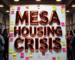 A viral, hyper-realistic YouTube thumbnail with a tense civic atmosphere. The background is the crowded interior of Mesa County Public Health building at night with warm overhead lights and concerned residents standing shoulder-to-shoulder. The composition uses a dramatic low-angle shot to focus on the main subject: a large hand-written poster board covered with resident comments and bright colored sticky notes. The image features massive 3D typography with strict hierarchy: The Primary Text reads exactly: 'MESA HOUSING CRISIS'. This text is massive, the largest element in the frame, rendered in molten red chrome with glowing edges to look like a high-budget 3D render. The Secondary Text reads exactly: '200+ SHOW UP'. This text is significantly smaller, positioned below the main text with thick white outline and black sticker-style border to pop against the background. The text materials correspond to the story's urgency and heat. Crucial Instruction: There is absolutely NO other text, numbers, watermarks, or subtitles in this image other than these two specific lines. 8k, Unreal Engine 5, cinematic render