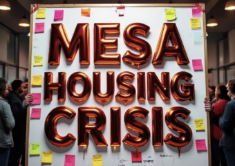 A viral, hyper-realistic YouTube thumbnail with a tense civic atmosphere. The background is the crowded interior of Mesa County Public Health building at night with warm overhead lights and concerned residents standing shoulder-to-shoulder. The composition uses a dramatic low-angle shot to focus on the main subject: a large hand-written poster board covered with resident comments and bright colored sticky notes. The image features massive 3D typography with strict hierarchy: The Primary Text reads exactly: 'MESA HOUSING CRISIS'. This text is massive, the largest element in the frame, rendered in molten red chrome with glowing edges to look like a high-budget 3D render. The Secondary Text reads exactly: '200+ SHOW UP'. This text is significantly smaller, positioned below the main text with thick white outline and black sticker-style border to pop against the background. The text materials correspond to the story's urgency and heat. Crucial Instruction: There is absolutely NO other text, numbers, watermarks, or subtitles in this image other than these two specific lines. 8k, Unreal Engine 5, cinematic render