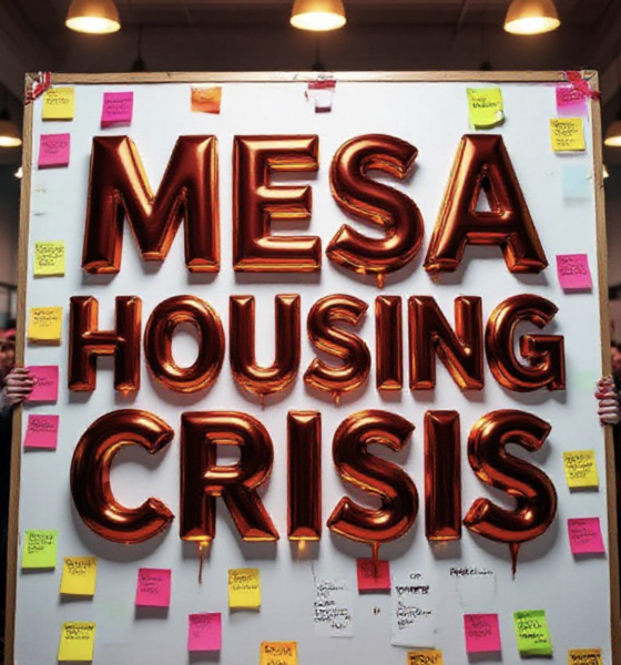 A viral, hyper-realistic YouTube thumbnail with a tense civic atmosphere. The background is the crowded interior of Mesa County Public Health building at night with warm overhead lights and concerned residents standing shoulder-to-shoulder. The composition uses a dramatic low-angle shot to focus on the main subject: a large hand-written poster board covered with resident comments and bright colored sticky notes. The image features massive 3D typography with strict hierarchy: The Primary Text reads exactly: 'MESA HOUSING CRISIS'. This text is massive, the largest element in the frame, rendered in molten red chrome with glowing edges to look like a high-budget 3D render. The Secondary Text reads exactly: '200+ SHOW UP'. This text is significantly smaller, positioned below the main text with thick white outline and black sticker-style border to pop against the background. The text materials correspond to the story's urgency and heat. Crucial Instruction: There is absolutely NO other text, numbers, watermarks, or subtitles in this image other than these two specific lines. 8k, Unreal Engine 5, cinematic render