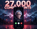 A viral, hyper-realistic YouTube thumbnail with a dramatic cyber-threat atmosphere. The background is a dark digital storm of red alert notifications raining over the Colorado state flag and Rocky Mountains silhouette with intense crimson emergency lighting. The composition uses a low-angle dramatic shot to focus on the main subject: a cracked smartphone screen displaying a deepfake call from "Grandma" with AI voice cloning waves emanating from it. The image features massive 3D typography with strict hierarchy: The Primary Text reads exactly: '27,000 COMPLAINTS'. This text is massive, the largest element in the frame, rendered in glowing molten red chrome to look like a high-budget 3D render. The Secondary Text reads exactly: 'AI SCAMS EXPLODE'. This text is significantly smaller, positioned below the main text. It features a thick electric blue outline with glitch distortion effect to contrast against the background. Make sure text 2 is always different theme, style, effect and border compared to text 1. The text materials correspond to the story's concept. Crucial Instruction: There is absolutely NO other text, numbers, watermarks, or subtitles in this image other than these two specific lines. 8k, Unreal Engine 5, cinematic render.