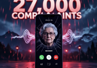 A viral, hyper-realistic YouTube thumbnail with a dramatic cyber-threat atmosphere. The background is a dark digital storm of red alert notifications raining over the Colorado state flag and Rocky Mountains silhouette with intense crimson emergency lighting. The composition uses a low-angle dramatic shot to focus on the main subject: a cracked smartphone screen displaying a deepfake call from "Grandma" with AI voice cloning waves emanating from it. The image features massive 3D typography with strict hierarchy: The Primary Text reads exactly: '27,000 COMPLAINTS'. This text is massive, the largest element in the frame, rendered in glowing molten red chrome to look like a high-budget 3D render. The Secondary Text reads exactly: 'AI SCAMS EXPLODE'. This text is significantly smaller, positioned below the main text. It features a thick electric blue outline with glitch distortion effect to contrast against the background. Make sure text 2 is always different theme, style, effect and border compared to text 1. The text materials correspond to the story's concept. Crucial Instruction: There is absolutely NO other text, numbers, watermarks, or subtitles in this image other than these two specific lines. 8k, Unreal Engine 5, cinematic render.