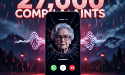 A viral, hyper-realistic YouTube thumbnail with a dramatic cyber-threat atmosphere. The background is a dark digital storm of red alert notifications raining over the Colorado state flag and Rocky Mountains silhouette with intense crimson emergency lighting. The composition uses a low-angle dramatic shot to focus on the main subject: a cracked smartphone screen displaying a deepfake call from "Grandma" with AI voice cloning waves emanating from it. The image features massive 3D typography with strict hierarchy: The Primary Text reads exactly: '27,000 COMPLAINTS'. This text is massive, the largest element in the frame, rendered in glowing molten red chrome to look like a high-budget 3D render. The Secondary Text reads exactly: 'AI SCAMS EXPLODE'. This text is significantly smaller, positioned below the main text. It features a thick electric blue outline with glitch distortion effect to contrast against the background. Make sure text 2 is always different theme, style, effect and border compared to text 1. The text materials correspond to the story's concept. Crucial Instruction: There is absolutely NO other text, numbers, watermarks, or subtitles in this image other than these two specific lines. 8k, Unreal Engine 5, cinematic render.