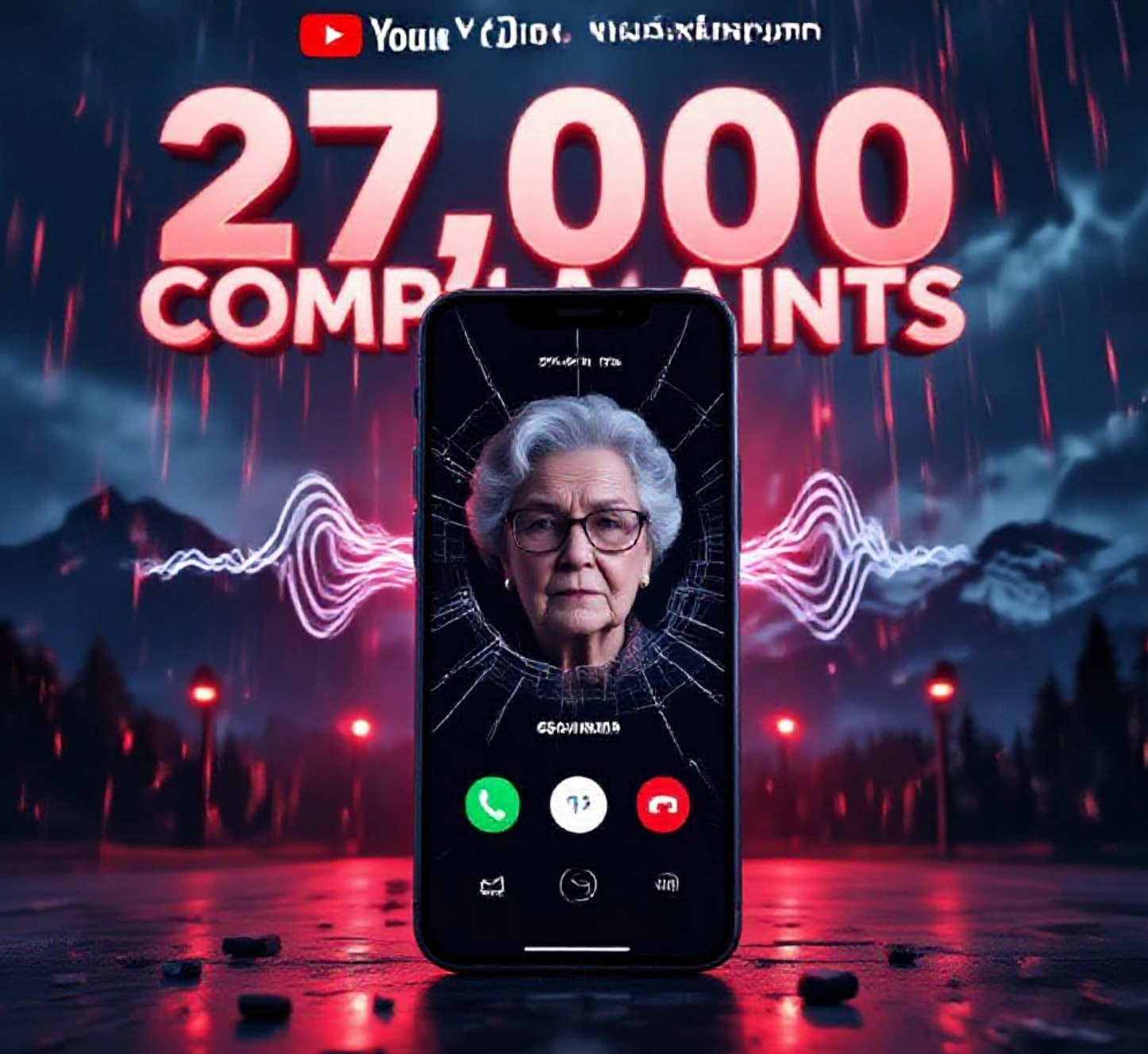 A viral, hyper-realistic YouTube thumbnail with a dramatic cyber-threat atmosphere. The background is a dark digital storm of red alert notifications raining over the Colorado state flag and Rocky Mountains silhouette with intense crimson emergency lighting. The composition uses a low-angle dramatic shot to focus on the main subject: a cracked smartphone screen displaying a deepfake call from "Grandma" with AI voice cloning waves emanating from it. The image features massive 3D typography with strict hierarchy: The Primary Text reads exactly: '27,000 COMPLAINTS'. This text is massive, the largest element in the frame, rendered in glowing molten red chrome to look like a high-budget 3D render. The Secondary Text reads exactly: 'AI SCAMS EXPLODE'. This text is significantly smaller, positioned below the main text. It features a thick electric blue outline with glitch distortion effect to contrast against the background. Make sure text 2 is always different theme, style, effect and border compared to text 1. The text materials correspond to the story's concept. Crucial Instruction: There is absolutely NO other text, numbers, watermarks, or subtitles in this image other than these two specific lines. 8k, Unreal Engine 5, cinematic render.