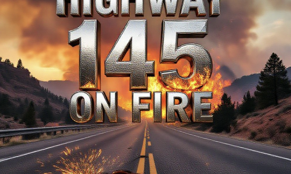 A viral, hyper-realistic YouTube thumbnail with a dramatic wildfire atmosphere. The background is a smoky southwest Colorado highway cutting through red rock canyons with burning pinyon pines on the right shoulder, late afternoon golden light filtering through thick gray smoke. The composition uses a low dramatic camera angle from the asphalt looking up at the fire. The main subject: twisted metal safety chains dragging on pavement throwing bright orange sparks. The image features massive 3D typography with strict hierarchy: The Primary Text reads exactly: 'HIGHWAY 145 ON FIRE'. This text is massive, rendered in molten chrome steel with glowing orange edges like heated metal. The Secondary Text reads exactly: 'Dragging Chain Spark'. This text is smaller, positioned below with thick white outline and red glow border sticker style. 8k, Unreal Engine 5, cinematic render