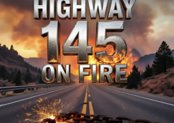 A viral, hyper-realistic YouTube thumbnail with a dramatic wildfire atmosphere. The background is a smoky southwest Colorado highway cutting through red rock canyons with burning pinyon pines on the right shoulder, late afternoon golden light filtering through thick gray smoke. The composition uses a low dramatic camera angle from the asphalt looking up at the fire. The main subject: twisted metal safety chains dragging on pavement throwing bright orange sparks. The image features massive 3D typography with strict hierarchy: The Primary Text reads exactly: 'HIGHWAY 145 ON FIRE'. This text is massive, rendered in molten chrome steel with glowing orange edges like heated metal. The Secondary Text reads exactly: 'Dragging Chain Spark'. This text is smaller, positioned below with thick white outline and red glow border sticker style. 8k, Unreal Engine 5, cinematic render