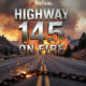 A viral, hyper-realistic YouTube thumbnail with a dramatic wildfire atmosphere. The background is a smoky southwest Colorado highway cutting through red rock canyons with burning pinyon pines on the right shoulder, late afternoon golden light filtering through thick gray smoke. The composition uses a low dramatic camera angle from the asphalt looking up at the fire. The main subject: twisted metal safety chains dragging on pavement throwing bright orange sparks. The image features massive 3D typography with strict hierarchy: The Primary Text reads exactly: 'HIGHWAY 145 ON FIRE'. This text is massive, rendered in molten chrome steel with glowing orange edges like heated metal. The Secondary Text reads exactly: 'Dragging Chain Spark'. This text is smaller, positioned below with thick white outline and red glow border sticker style. 8k, Unreal Engine 5, cinematic render