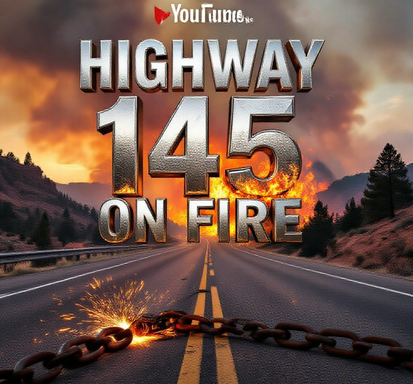 A viral, hyper-realistic YouTube thumbnail with a dramatic wildfire atmosphere. The background is a smoky southwest Colorado highway cutting through red rock canyons with burning pinyon pines on the right shoulder, late afternoon golden light filtering through thick gray smoke. The composition uses a low dramatic camera angle from the asphalt looking up at the fire. The main subject: twisted metal safety chains dragging on pavement throwing bright orange sparks. The image features massive 3D typography with strict hierarchy: The Primary Text reads exactly: 'HIGHWAY 145 ON FIRE'. This text is massive, rendered in molten chrome steel with glowing orange edges like heated metal. The Secondary Text reads exactly: 'Dragging Chain Spark'. This text is smaller, positioned below with thick white outline and red glow border sticker style. 8k, Unreal Engine 5, cinematic render