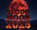 A viral, hyper-realistic YouTube thumbnail with a dramatic cosmic atmosphere. The background is a vast starry night sky over a dark desert landscape with distant mountains, illuminated by intense crimson moonlight. The composition uses a low-angle shot looking up to focus on the main subject: a massive, perfectly round blood-red moon dominating the sky. The image features massive 3D typography with strict hierarchy: The Primary Text reads exactly: 'BLOOD MOON 2025'. This text is massive, the largest element in the frame, rendered in glowing molten lava material with realistic 3D depth and ember particles to look like a high-budget cinematic render. The Secondary Text reads exactly: 'LONGEST ECLIPSE OF THE DECADE'. This text is significantly smaller, positioned below the main text with a thick neon-blue electric outline and subtle lightning crackle effect to contrast against the red background. Make sure text 2 is always different theme, style, effect and border compared to text 1. The text materials correspond to the story's concept. Crucial Instruction: There is absolutely NO other text, numbers, watermarks, or subtitles in this image other than these two specific lines. 8k, Unreal Engine 5, cinematic render