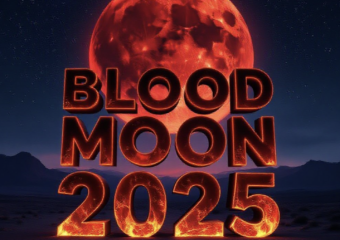 A viral, hyper-realistic YouTube thumbnail with a dramatic cosmic atmosphere. The background is a vast starry night sky over a dark desert landscape with distant mountains, illuminated by intense crimson moonlight. The composition uses a low-angle shot looking up to focus on the main subject: a massive, perfectly round blood-red moon dominating the sky. The image features massive 3D typography with strict hierarchy: The Primary Text reads exactly: 'BLOOD MOON 2025'. This text is massive, the largest element in the frame, rendered in glowing molten lava material with realistic 3D depth and ember particles to look like a high-budget cinematic render. The Secondary Text reads exactly: 'LONGEST ECLIPSE OF THE DECADE'. This text is significantly smaller, positioned below the main text with a thick neon-blue electric outline and subtle lightning crackle effect to contrast against the red background. Make sure text 2 is always different theme, style, effect and border compared to text 1. The text materials correspond to the story's concept. Crucial Instruction: There is absolutely NO other text, numbers, watermarks, or subtitles in this image other than these two specific lines. 8k, Unreal Engine 5, cinematic render