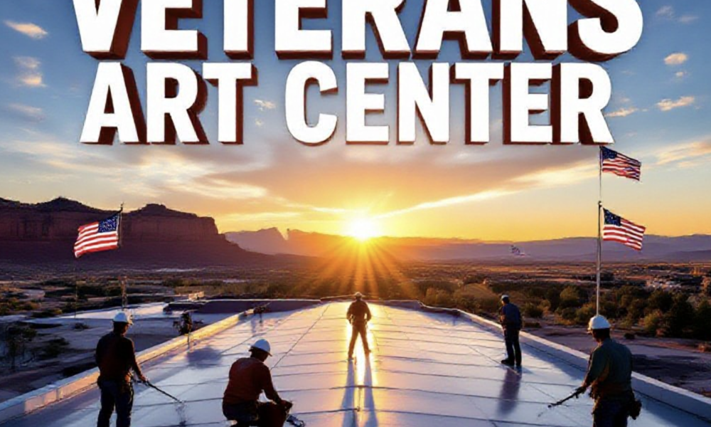 A viral, hyper-realistic YouTube thumbnail with a patriotic American heartland atmosphere. The background is the Grand Junction skyline at golden hour with the Colorado National Monument glowing red in the distance and American flags waving. The composition uses a dramatic low-angle shot looking up at workers on the roof silhouetted against bright sky. The main subject: a massive, perfectly installed white TPO commercial roof gleaming under sunlight with water finally stopped forever. The image features massive 3D typography with strict hierarchy: The Primary Text reads exactly: 'VETERANS ART CENTER'. This text is massive, the largest element in the frame, rendered in brushed military bronze with authentic texture to look like a high-budget 3D render. The Secondary Text reads exactly: 'GETS FREE NEW ROOF'. This text is significantly smaller, positioned below the main text with thick red-white-blue outline sticker style to pop against the sky. The text materials correspond to the story's concept. Crucial Instruction: There is absolutely NO other text, numbers, watermarks, or subtitles in this image other than these two specific lines. 8k, Unreal Engine 5, cinematic render