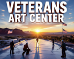 A viral, hyper-realistic YouTube thumbnail with a patriotic American heartland atmosphere. The background is the Grand Junction skyline at golden hour with the Colorado National Monument glowing red in the distance and American flags waving. The composition uses a dramatic low-angle shot looking up at workers on the roof silhouetted against bright sky. The main subject: a massive, perfectly installed white TPO commercial roof gleaming under sunlight with water finally stopped forever. The image features massive 3D typography with strict hierarchy: The Primary Text reads exactly: 'VETERANS ART CENTER'. This text is massive, the largest element in the frame, rendered in brushed military bronze with authentic texture to look like a high-budget 3D render. The Secondary Text reads exactly: 'GETS FREE NEW ROOF'. This text is significantly smaller, positioned below the main text with thick red-white-blue outline sticker style to pop against the sky. The text materials correspond to the story's concept. Crucial Instruction: There is absolutely NO other text, numbers, watermarks, or subtitles in this image other than these two specific lines. 8k, Unreal Engine 5, cinematic render