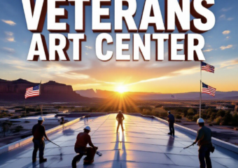A viral, hyper-realistic YouTube thumbnail with a patriotic American heartland atmosphere. The background is the Grand Junction skyline at golden hour with the Colorado National Monument glowing red in the distance and American flags waving. The composition uses a dramatic low-angle shot looking up at workers on the roof silhouetted against bright sky. The main subject: a massive, perfectly installed white TPO commercial roof gleaming under sunlight with water finally stopped forever. The image features massive 3D typography with strict hierarchy: The Primary Text reads exactly: 'VETERANS ART CENTER'. This text is massive, the largest element in the frame, rendered in brushed military bronze with authentic texture to look like a high-budget 3D render. The Secondary Text reads exactly: 'GETS FREE NEW ROOF'. This text is significantly smaller, positioned below the main text with thick red-white-blue outline sticker style to pop against the sky. The text materials correspond to the story's concept. Crucial Instruction: There is absolutely NO other text, numbers, watermarks, or subtitles in this image other than these two specific lines. 8k, Unreal Engine 5, cinematic render