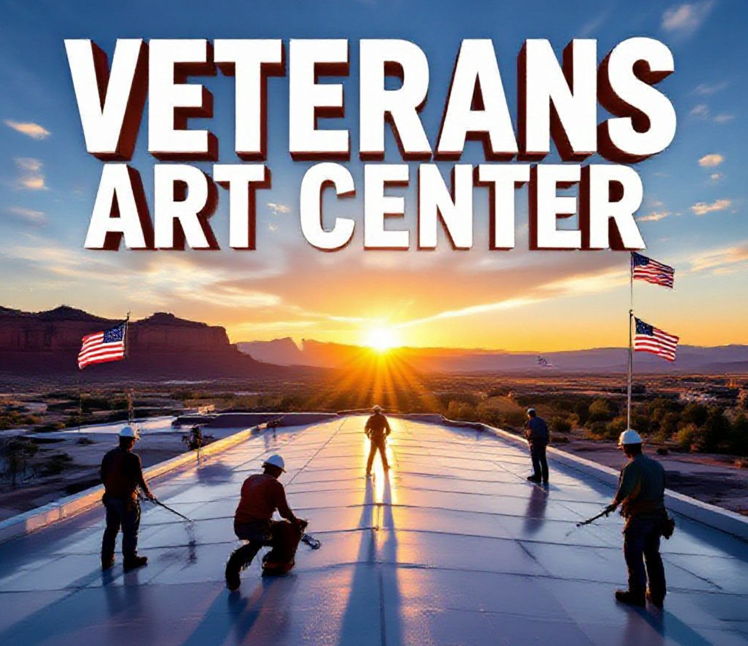 A viral, hyper-realistic YouTube thumbnail with a patriotic American heartland atmosphere. The background is the Grand Junction skyline at golden hour with the Colorado National Monument glowing red in the distance and American flags waving. The composition uses a dramatic low-angle shot looking up at workers on the roof silhouetted against bright sky. The main subject: a massive, perfectly installed white TPO commercial roof gleaming under sunlight with water finally stopped forever. The image features massive 3D typography with strict hierarchy: The Primary Text reads exactly: 'VETERANS ART CENTER'. This text is massive, the largest element in the frame, rendered in brushed military bronze with authentic texture to look like a high-budget 3D render. The Secondary Text reads exactly: 'GETS FREE NEW ROOF'. This text is significantly smaller, positioned below the main text with thick red-white-blue outline sticker style to pop against the sky. The text materials correspond to the story's concept. Crucial Instruction: There is absolutely NO other text, numbers, watermarks, or subtitles in this image other than these two specific lines. 8k, Unreal Engine 5, cinematic render
