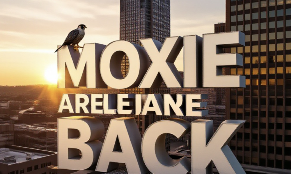 A viral, hyper-realistic YouTube thumbnail with a dramatic urban-wildlife atmosphere. The background is downtown Fort Wayne at golden hour with the Indiana Michigan Power building towering dramatically, warm sunlight glinting off glass windows and casting long shadows. The composition uses a low-angle heroic shot looking up to focus on the main subject: a massive, detailed peregrine falcon nest box perched on the skyscraper ledge with gravel tray visible. The image features massive 3D typography with strict hierarchy: The Primary Text reads exactly: 'MOXIE & JAMIE ARE BACK'. This text is massive, the largest element in the frame, rendered in polished chrome with subtle feather-like etchings to look like a high-budget 3D render. The Secondary Text reads exactly: 'Eggs Coming Soon!'. This text is significantly smaller, positioned below the main text with a thick electric-blue glowing border/outline (sticker style) to contrast against the sky. Make sure text 2 is always different theme, style, effect and border compared to text 1. The text materials correspond to the story's concept. Crucial Instruction: There is absolutely NO other text, numbers, watermarks, or subtitles in this image other than these two specific lines. 8k, Unreal Engine 5, cinematic render.