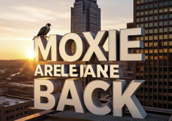 A viral, hyper-realistic YouTube thumbnail with a dramatic urban-wildlife atmosphere. The background is downtown Fort Wayne at golden hour with the Indiana Michigan Power building towering dramatically, warm sunlight glinting off glass windows and casting long shadows. The composition uses a low-angle heroic shot looking up to focus on the main subject: a massive, detailed peregrine falcon nest box perched on the skyscraper ledge with gravel tray visible. The image features massive 3D typography with strict hierarchy: The Primary Text reads exactly: 'MOXIE & JAMIE ARE BACK'. This text is massive, the largest element in the frame, rendered in polished chrome with subtle feather-like etchings to look like a high-budget 3D render. The Secondary Text reads exactly: 'Eggs Coming Soon!'. This text is significantly smaller, positioned below the main text with a thick electric-blue glowing border/outline (sticker style) to contrast against the sky. Make sure text 2 is always different theme, style, effect and border compared to text 1. The text materials correspond to the story's concept. Crucial Instruction: There is absolutely NO other text, numbers, watermarks, or subtitles in this image other than these two specific lines. 8k, Unreal Engine 5, cinematic render.
