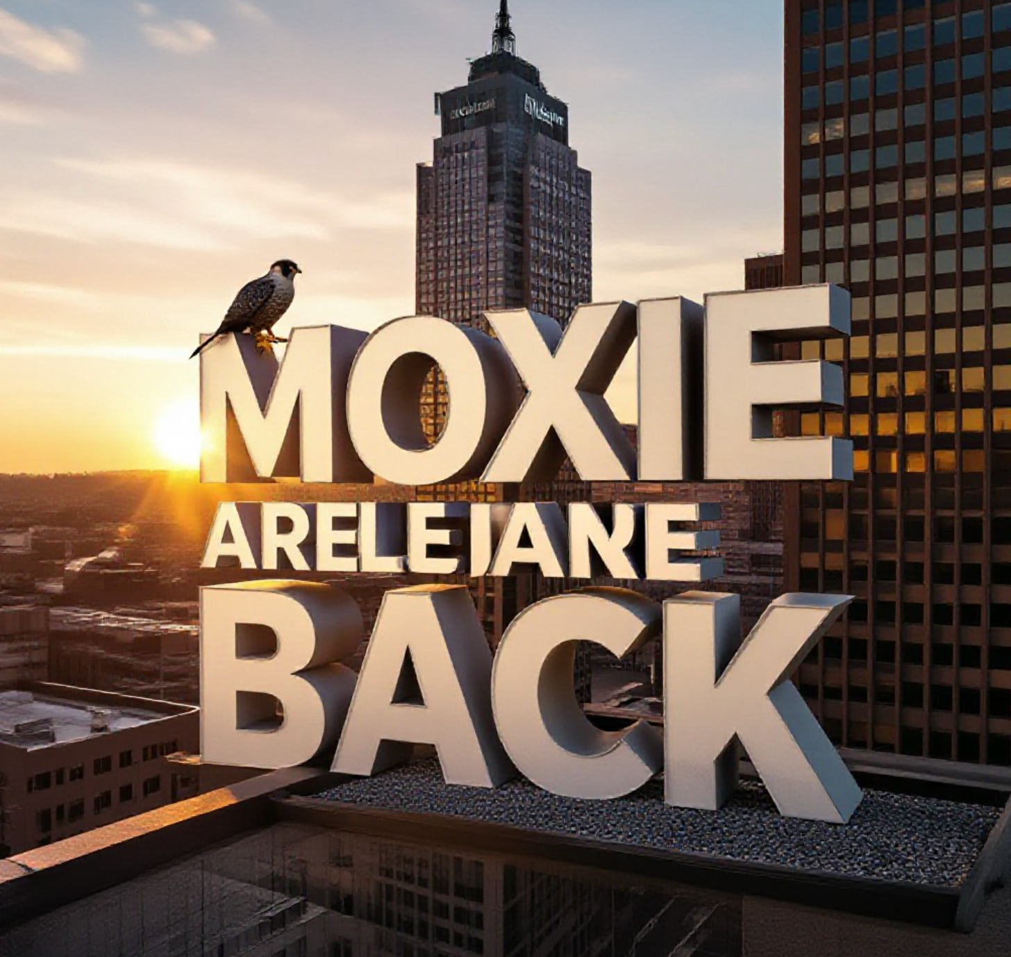 A viral, hyper-realistic YouTube thumbnail with a dramatic urban-wildlife atmosphere. The background is downtown Fort Wayne at golden hour with the Indiana Michigan Power building towering dramatically, warm sunlight glinting off glass windows and casting long shadows. The composition uses a low-angle heroic shot looking up to focus on the main subject: a massive, detailed peregrine falcon nest box perched on the skyscraper ledge with gravel tray visible. The image features massive 3D typography with strict hierarchy: The Primary Text reads exactly: 'MOXIE & JAMIE ARE BACK'. This text is massive, the largest element in the frame, rendered in polished chrome with subtle feather-like etchings to look like a high-budget 3D render. The Secondary Text reads exactly: 'Eggs Coming Soon!'. This text is significantly smaller, positioned below the main text with a thick electric-blue glowing border/outline (sticker style) to contrast against the sky. Make sure text 2 is always different theme, style, effect and border compared to text 1. The text materials correspond to the story's concept. Crucial Instruction: There is absolutely NO other text, numbers, watermarks, or subtitles in this image other than these two specific lines. 8k, Unreal Engine 5, cinematic render.