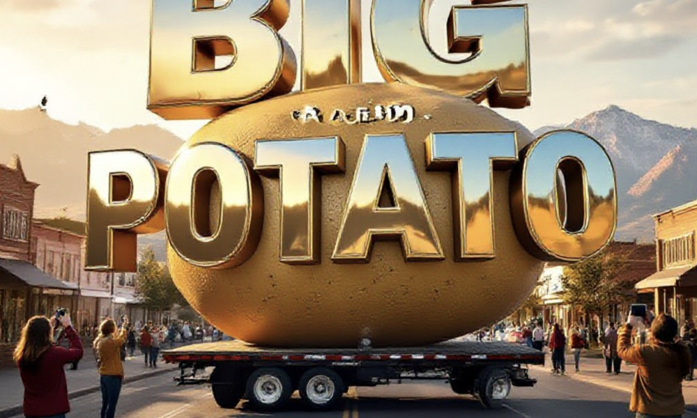 A viral, hyper-realistic YouTube thumbnail with a fun Western American atmosphere. The background is a sunny Colorado street with Grand Junction mountains in the distance and excited people taking photos, warm golden hour lighting. The composition uses a dramatic low angle to focus on the main subject: a massive 28-foot fiberglass Idaho potato on a flatbed truck. Image size should be 3:2. The image features massive 3D typography with strict hierarchy: The Primary Text reads exactly: 'BIG IDAHO POTATO'. This text is massive, the largest element in the frame, rendered in shiny chrome metallic to look like a high-budget 3D render. The Secondary Text reads exactly: 'INVADES GRAND JUNCTION'. This text is significantly smaller, positioned below the main text. It features a thick, bright yellow border/outline (sticker style) to contrast against the background. Make sure text 2 is always different theme, style, effect and border compared to text 1.