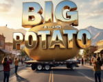 A viral, hyper-realistic YouTube thumbnail with a fun Western American atmosphere. The background is a sunny Colorado street with Grand Junction mountains in the distance and excited people taking photos, warm golden hour lighting. The composition uses a dramatic low angle to focus on the main subject: a massive 28-foot fiberglass Idaho potato on a flatbed truck. Image size should be 3:2. The image features massive 3D typography with strict hierarchy: The Primary Text reads exactly: 'BIG IDAHO POTATO'. This text is massive, the largest element in the frame, rendered in shiny chrome metallic to look like a high-budget 3D render. The Secondary Text reads exactly: 'INVADES GRAND JUNCTION'. This text is significantly smaller, positioned below the main text. It features a thick, bright yellow border/outline (sticker style) to contrast against the background. Make sure text 2 is always different theme, style, effect and border compared to text 1.