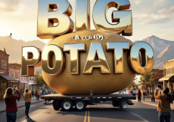 A viral, hyper-realistic YouTube thumbnail with a fun Western American atmosphere. The background is a sunny Colorado street with Grand Junction mountains in the distance and excited people taking photos, warm golden hour lighting. The composition uses a dramatic low angle to focus on the main subject: a massive 28-foot fiberglass Idaho potato on a flatbed truck. Image size should be 3:2. The image features massive 3D typography with strict hierarchy: The Primary Text reads exactly: 'BIG IDAHO POTATO'. This text is massive, the largest element in the frame, rendered in shiny chrome metallic to look like a high-budget 3D render. The Secondary Text reads exactly: 'INVADES GRAND JUNCTION'. This text is significantly smaller, positioned below the main text. It features a thick, bright yellow border/outline (sticker style) to contrast against the background. Make sure text 2 is always different theme, style, effect and border compared to text 1.