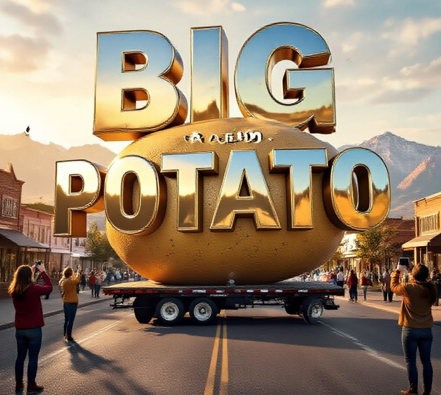 A viral, hyper-realistic YouTube thumbnail with a fun Western American atmosphere. The background is a sunny Colorado street with Grand Junction mountains in the distance and excited people taking photos, warm golden hour lighting. The composition uses a dramatic low angle to focus on the main subject: a massive 28-foot fiberglass Idaho potato on a flatbed truck. Image size should be 3:2.
The image features massive 3D typography with strict hierarchy:
The Primary Text reads exactly: 'BIG IDAHO POTATO'. This text is massive, the largest element in the frame, rendered in shiny chrome metallic to look like a high-budget 3D render.
The Secondary Text reads exactly: 'INVADES GRAND JUNCTION'. This text is significantly smaller, positioned below the main text. It features a thick, bright yellow border/outline (sticker style) to contrast against the background. Make sure text 2 is always different theme, style, effect and border compared to text 1.