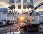 A viral, hyper-realistic YouTube thumbnail with a gritty industrial Colorado atmosphere. The background is a massive fuel storage yard at golden hour with rugged Mesa County mountains behind, warm sunlight glinting off white and red bulk tanks, dust in the air, county trucks lined up. The composition uses a dramatic low-angle shot to focus on the main subject: a gleaming chrome fuel nozzle dramatically dripping diesel into a county snowplow tank. Image size should be 3:2. The image features massive 3D typography with strict hierarchy: The Primary Text reads exactly: '$1M FUEL DEAL'. This text is massive, the largest element in the frame, rendered in polished chrome with realistic liquid diesel dripping effects to look like a high-budget 3D render. The Secondary Text reads exactly: 'MESA COUNTY SAVES'. This text is significantly smaller, positioned below the main text. It features a thick orange safety-striped border to contrast against the background. 8k, Unreal Engine 5, cinematic render