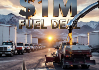 A viral, hyper-realistic YouTube thumbnail with a gritty industrial Colorado atmosphere. The background is a massive fuel storage yard at golden hour with rugged Mesa County mountains behind, warm sunlight glinting off white and red bulk tanks, dust in the air, county trucks lined up. The composition uses a dramatic low-angle shot to focus on the main subject: a gleaming chrome fuel nozzle dramatically dripping diesel into a county snowplow tank. Image size should be 3:2. The image features massive 3D typography with strict hierarchy: The Primary Text reads exactly: '$1M FUEL DEAL'. This text is massive, the largest element in the frame, rendered in polished chrome with realistic liquid diesel dripping effects to look like a high-budget 3D render. The Secondary Text reads exactly: 'MESA COUNTY SAVES'. This text is significantly smaller, positioned below the main text. It features a thick orange safety-striped border to contrast against the background. 8k, Unreal Engine 5, cinematic render
