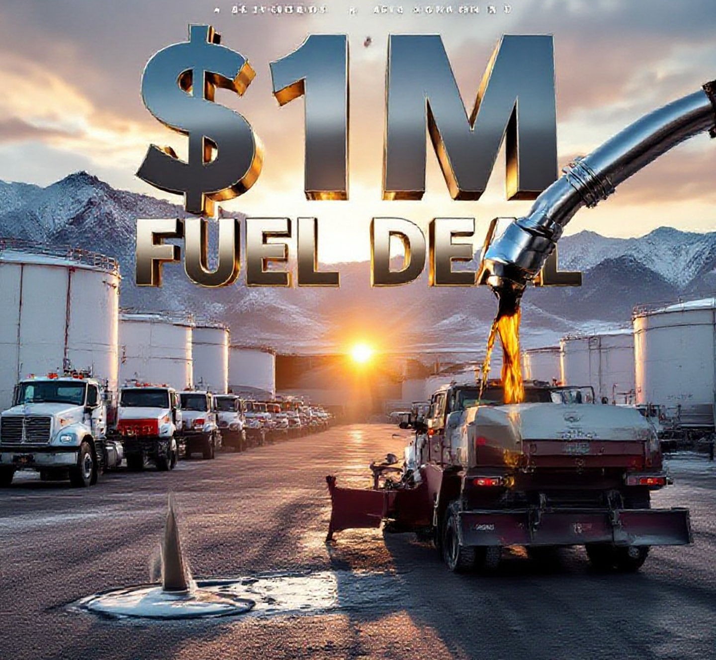 A viral, hyper-realistic YouTube thumbnail with a gritty industrial Colorado atmosphere. The background is a massive fuel storage yard at golden hour with rugged Mesa County mountains behind, warm sunlight glinting off white and red bulk tanks, dust in the air, county trucks lined up. The composition uses a dramatic low-angle shot to focus on the main subject: a gleaming chrome fuel nozzle dramatically dripping diesel into a county snowplow tank. Image size should be 3:2.
The image features massive 3D typography with strict hierarchy:
The Primary Text reads exactly: '$1M FUEL DEAL'. This text is massive, the largest element in the frame, rendered in polished chrome with realistic liquid diesel dripping effects to look like a high-budget 3D render.
The Secondary Text reads exactly: 'MESA COUNTY SAVES'. This text is significantly smaller, positioned below the main text. It features a thick orange safety-striped border to contrast against the background. 8k, Unreal Engine 5, cinematic render