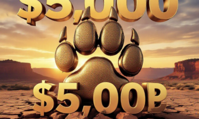 A viral, hyper-realistic YouTube thumbnail with a proud Western Colorado atmosphere. The background is a golden sunset over the Colorado National Monument with Fruita’s Book Cliffs glowing warm orange. The composition uses a dramatic low angle to focus on the main subject: a massive, gleaming bronze Wildcat paw print breaking through cracked desert ground like it's rising up. Image size should be 3:2. The image features massive 3D typography with strict hierarchy: The Primary Text reads exactly: '$5,000 SCHOLARSHIPS'. This text is massive, the largest element in the frame, rendered in polished gold chrome with realistic light reflections to look like a high-budget 3D render. The Secondary Text reads exactly: 'FRUITA SENIORS APPLY NOW'. This text is significantly smaller, positioned below the main text. It features a thick, electric blue glowing border/outline (sticker style) to contrast against the background. Make sure text 2 is always different theme, style, effect and border compared to text 1.