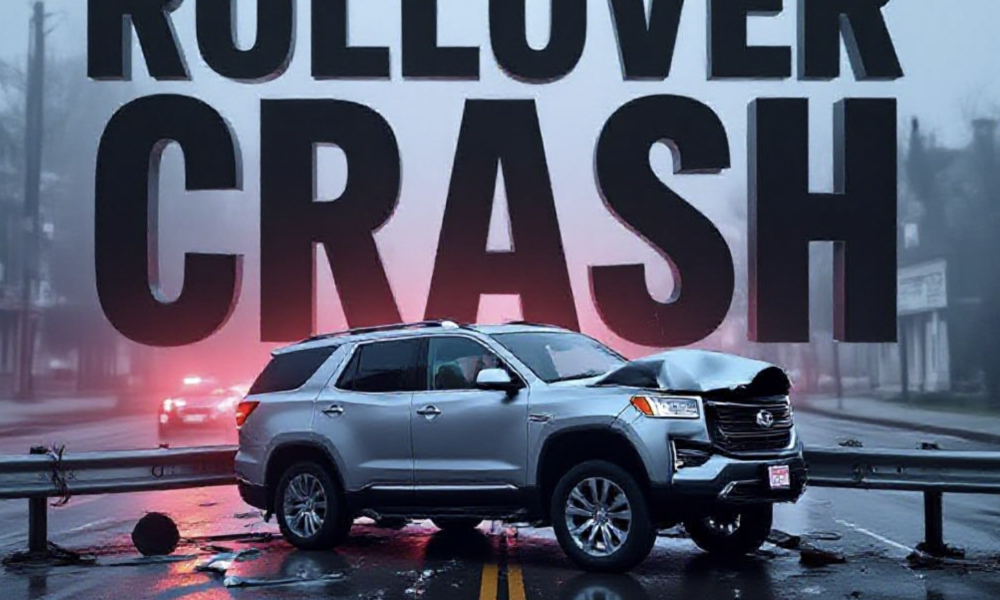 A viral, hyper-realistic YouTube thumbnail with a dramatic emergency atmosphere. The background is a rain-slicked Grand Junction street at 7th and Hill Avenue with twisted metal debris scattered across the pavement and red-blue emergency lights cutting through morning fog. The composition uses a low-angle shot to focus on the main subject: a severely damaged silver SUV lying on its side against a crumpled guardrail. Image size should be 3:2. The image features massive 3D typography with strict hierarchy: The Primary Text reads exactly: 'ROLLOVER CRASH'. This text is massive, the largest element in the frame, rendered in molten chrome with glowing orange edges to look like a high-budget 3D render. The Secondary Text reads exactly: 'Driver Hospitalized'. This text is significantly smaller, positioned below the main text. It features a thick, pulsing red border/outline (sticker style) to contrast against the background. Make sure text 2 is always different theme, style, effect and border compared to text 1. The text materials correspond to the story's concept. Crucial Instruction: There is absolutely NO other text, numbers, watermarks, or subtitles in this image other than these two specific lines. 8k, Unreal Engine 5, cinematic render