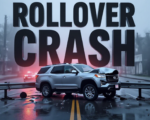 A viral, hyper-realistic YouTube thumbnail with a dramatic emergency atmosphere. The background is a rain-slicked Grand Junction street at 7th and Hill Avenue with twisted metal debris scattered across the pavement and red-blue emergency lights cutting through morning fog. The composition uses a low-angle shot to focus on the main subject: a severely damaged silver SUV lying on its side against a crumpled guardrail. Image size should be 3:2. The image features massive 3D typography with strict hierarchy: The Primary Text reads exactly: 'ROLLOVER CRASH'. This text is massive, the largest element in the frame, rendered in molten chrome with glowing orange edges to look like a high-budget 3D render. The Secondary Text reads exactly: 'Driver Hospitalized'. This text is significantly smaller, positioned below the main text. It features a thick, pulsing red border/outline (sticker style) to contrast against the background. Make sure text 2 is always different theme, style, effect and border compared to text 1. The text materials correspond to the story's concept. Crucial Instruction: There is absolutely NO other text, numbers, watermarks, or subtitles in this image other than these two specific lines. 8k, Unreal Engine 5, cinematic render