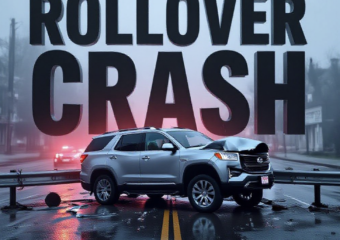 A viral, hyper-realistic YouTube thumbnail with a dramatic emergency atmosphere. The background is a rain-slicked Grand Junction street at 7th and Hill Avenue with twisted metal debris scattered across the pavement and red-blue emergency lights cutting through morning fog. The composition uses a low-angle shot to focus on the main subject: a severely damaged silver SUV lying on its side against a crumpled guardrail. Image size should be 3:2. The image features massive 3D typography with strict hierarchy: The Primary Text reads exactly: 'ROLLOVER CRASH'. This text is massive, the largest element in the frame, rendered in molten chrome with glowing orange edges to look like a high-budget 3D render. The Secondary Text reads exactly: 'Driver Hospitalized'. This text is significantly smaller, positioned below the main text. It features a thick, pulsing red border/outline (sticker style) to contrast against the background. Make sure text 2 is always different theme, style, effect and border compared to text 1. The text materials correspond to the story's concept. Crucial Instruction: There is absolutely NO other text, numbers, watermarks, or subtitles in this image other than these two specific lines. 8k, Unreal Engine 5, cinematic render