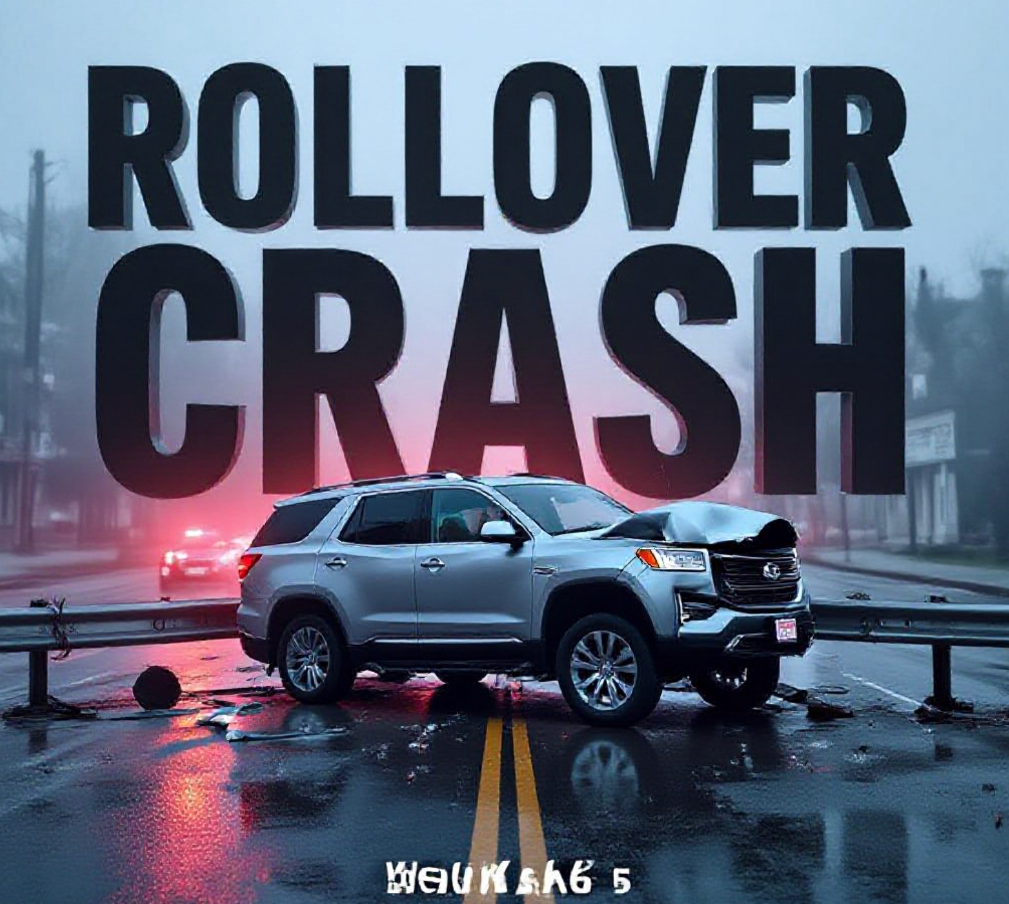 A viral, hyper-realistic YouTube thumbnail with a dramatic emergency atmosphere. The background is a rain-slicked Grand Junction street at 7th and Hill Avenue with twisted metal debris scattered across the pavement and red-blue emergency lights cutting through morning fog. The composition uses a low-angle shot to focus on the main subject: a severely damaged silver SUV lying on its side against a crumpled guardrail. Image size should be 3:2. The image features massive 3D typography with strict hierarchy: The Primary Text reads exactly: 'ROLLOVER CRASH'. This text is massive, the largest element in the frame, rendered in molten chrome with glowing orange edges to look like a high-budget 3D render. The Secondary Text reads exactly: 'Driver Hospitalized'. This text is significantly smaller, positioned below the main text. It features a thick, pulsing red border/outline (sticker style) to contrast against the background. Make sure text 2 is always different theme, style, effect and border compared to text 1. The text materials correspond to the story's concept. Crucial Instruction: There is absolutely NO other text, numbers, watermarks, or subtitles in this image other than these two specific lines. 8k, Unreal Engine 5, cinematic render