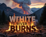 A viral, hyper-realistic YouTube thumbnail with a dramatic wildfire-prevention atmosphere. The background is a rugged Colorado mountain landscape at golden hour with dense pine forests and distant peaks under a huge plume of white smoke rising from controlled flames on the slope. The composition uses a low-angle cinematic shot to focus on the main subject: massive realistic flames licking through forest floor fuels with bright orange fire and glowing embers. Image size should be 3:2. The image features massive 3D typography with strict hierarchy: The Primary Text reads exactly: 'White River Burns'. This text is massive, the largest element in the frame, rendered in blazing molten metal with fire particles and heat distortion to look like a high-budget 3D render. The Secondary Text reads exactly: 'Starting Next Week'. This text is significantly smaller, positioned below the main text. It features a thick, glowing red border/outline (sticker style) to contrast against the smoky background. Make sure text 2 is always different theme, style, effect and border compared to text 1.