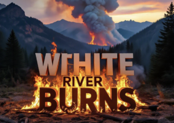 A viral, hyper-realistic YouTube thumbnail with a dramatic wildfire-prevention atmosphere. The background is a rugged Colorado mountain landscape at golden hour with dense pine forests and distant peaks under a huge plume of white smoke rising from controlled flames on the slope. The composition uses a low-angle cinematic shot to focus on the main subject: massive realistic flames licking through forest floor fuels with bright orange fire and glowing embers. Image size should be 3:2. The image features massive 3D typography with strict hierarchy: The Primary Text reads exactly: 'White River Burns'. This text is massive, the largest element in the frame, rendered in blazing molten metal with fire particles and heat distortion to look like a high-budget 3D render. The Secondary Text reads exactly: 'Starting Next Week'. This text is significantly smaller, positioned below the main text. It features a thick, glowing red border/outline (sticker style) to contrast against the smoky background. Make sure text 2 is always different theme, style, effect and border compared to text 1.