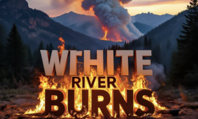 A viral, hyper-realistic YouTube thumbnail with a dramatic wildfire-prevention atmosphere. The background is a rugged Colorado mountain landscape at golden hour with dense pine forests and distant peaks under a huge plume of white smoke rising from controlled flames on the slope. The composition uses a low-angle cinematic shot to focus on the main subject: massive realistic flames licking through forest floor fuels with bright orange fire and glowing embers. Image size should be 3:2. The image features massive 3D typography with strict hierarchy: The Primary Text reads exactly: 'White River Burns'. This text is massive, the largest element in the frame, rendered in blazing molten metal with fire particles and heat distortion to look like a high-budget 3D render. The Secondary Text reads exactly: 'Starting Next Week'. This text is significantly smaller, positioned below the main text. It features a thick, glowing red border/outline (sticker style) to contrast against the smoky background. Make sure text 2 is always different theme, style, effect and border compared to text 1.