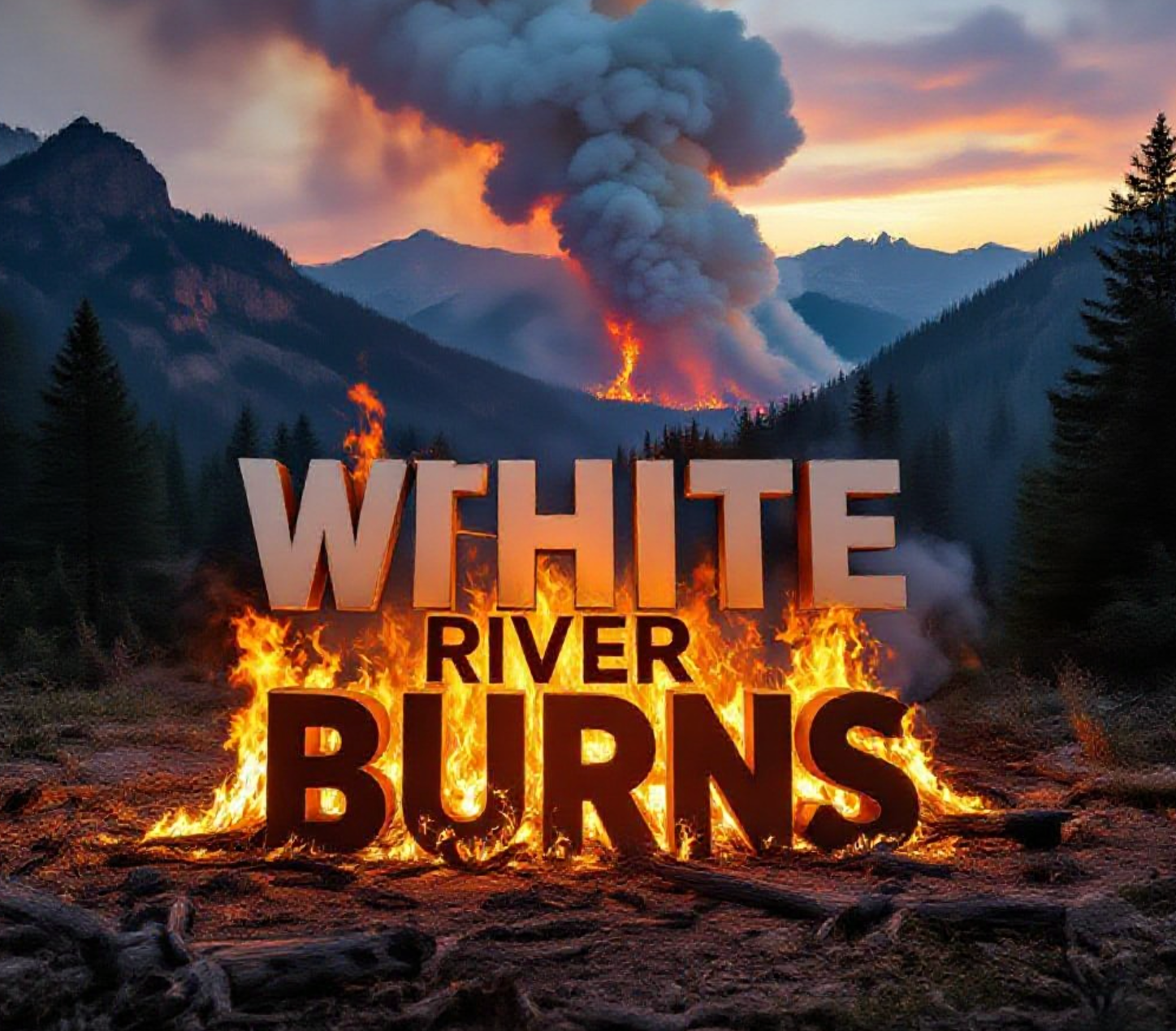 A viral, hyper-realistic YouTube thumbnail with a dramatic wildfire-prevention atmosphere. The background is a rugged Colorado mountain landscape at golden hour with dense pine forests and distant peaks under a huge plume of white smoke rising from controlled flames on the slope. The composition uses a low-angle cinematic shot to focus on the main subject: massive realistic flames licking through forest floor fuels with bright orange fire and glowing embers. Image size should be 3:2.
The image features massive 3D typography with strict hierarchy:
The Primary Text reads exactly: 'White River Burns'. This text is massive, the largest element in the frame, rendered in blazing molten metal with fire particles and heat distortion to look like a high-budget 3D render.
The Secondary Text reads exactly: 'Starting Next Week'. This text is significantly smaller, positioned below the main text. It features a thick, glowing red border/outline (sticker style) to contrast against the smoky background. Make sure text 2 is always different theme, style, effect and border compared to text 1.