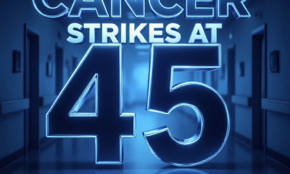 A viral, hyper-realistic YouTube thumbnail with a dramatic medical atmosphere. The background is a dark hospital corridor fading into bright blue light with subtle colon scan imagery. The composition uses a low-angle shot to focus on the main subject: a large glowing blue ribbon shaped like a colon. Image size should be 3:2. The image features massive 3D typography with strict hierarchy: The Primary Text reads exactly: 'CANCER STRIKES AT 45'. This text is massive, the largest element in the frame, rendered in electric blue chrome to look like a high-budget 3D render. The Secondary Text reads exactly: 'SCREEN NOW OR REGRET'. This text is significantly smaller, positioned below the main text. It features a thick, glowing red border/outline (sticker style) to contrast against the background. Make sure text 2 is always different theme, style, effect and border compared to text 1. The text materials correspond to the story's concept. Crucial Instruction: There is absolutely NO other text, numbers, watermarks, or subtitles in this image other than these two specific lines. 8k, Unreal Engine 5, cinematic render.