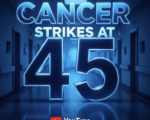 A viral, hyper-realistic YouTube thumbnail with a dramatic medical atmosphere. The background is a dark hospital corridor fading into bright blue light with subtle colon scan imagery. The composition uses a low-angle shot to focus on the main subject: a large glowing blue ribbon shaped like a colon. Image size should be 3:2. The image features massive 3D typography with strict hierarchy: The Primary Text reads exactly: 'CANCER STRIKES AT 45'. This text is massive, the largest element in the frame, rendered in electric blue chrome to look like a high-budget 3D render. The Secondary Text reads exactly: 'SCREEN NOW OR REGRET'. This text is significantly smaller, positioned below the main text. It features a thick, glowing red border/outline (sticker style) to contrast against the background. Make sure text 2 is always different theme, style, effect and border compared to text 1. The text materials correspond to the story's concept. Crucial Instruction: There is absolutely NO other text, numbers, watermarks, or subtitles in this image other than these two specific lines. 8k, Unreal Engine 5, cinematic render.
