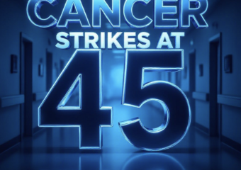 A viral, hyper-realistic YouTube thumbnail with a dramatic medical atmosphere. The background is a dark hospital corridor fading into bright blue light with subtle colon scan imagery. The composition uses a low-angle shot to focus on the main subject: a large glowing blue ribbon shaped like a colon. Image size should be 3:2. The image features massive 3D typography with strict hierarchy: The Primary Text reads exactly: 'CANCER STRIKES AT 45'. This text is massive, the largest element in the frame, rendered in electric blue chrome to look like a high-budget 3D render. The Secondary Text reads exactly: 'SCREEN NOW OR REGRET'. This text is significantly smaller, positioned below the main text. It features a thick, glowing red border/outline (sticker style) to contrast against the background. Make sure text 2 is always different theme, style, effect and border compared to text 1. The text materials correspond to the story's concept. Crucial Instruction: There is absolutely NO other text, numbers, watermarks, or subtitles in this image other than these two specific lines. 8k, Unreal Engine 5, cinematic render.