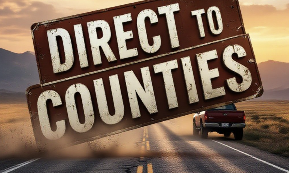 A viral, hyper-realistic YouTube thumbnail with a dramatic rural American atmosphere. The background is a cracked, pothole-riddled county road stretching into the sunset with distant Rocky Mountains, dust kicking up from a passing pickup truck, warm golden hour lighting. The composition uses a low dramatic angle to focus on the main subject: a massive weathered county road sign bent and battered. Image size should be 3:2. The image features massive 3D typography with strict hierarchy: The Primary Text reads exactly: 'DIRECT TO COUNTIES'. This text is massive, the largest element in the frame, rendered in rusted heavy metal with glowing orange edges to look like a high-budget 3D render. The Secondary Text reads exactly: 'H.R. 7437'. This text is significantly smaller, positioned below the main text. It features a thick white border with red outline sticker style to contrast against the background. Make sure text 2 is always different theme, style, effect and border compared to text 1.