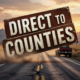 A viral, hyper-realistic YouTube thumbnail with a dramatic rural American atmosphere. The background is a cracked, pothole-riddled county road stretching into the sunset with distant Rocky Mountains, dust kicking up from a passing pickup truck, warm golden hour lighting. The composition uses a low dramatic angle to focus on the main subject: a massive weathered county road sign bent and battered. Image size should be 3:2. The image features massive 3D typography with strict hierarchy: The Primary Text reads exactly: 'DIRECT TO COUNTIES'. This text is massive, the largest element in the frame, rendered in rusted heavy metal with glowing orange edges to look like a high-budget 3D render. The Secondary Text reads exactly: 'H.R. 7437'. This text is significantly smaller, positioned below the main text. It features a thick white border with red outline sticker style to contrast against the background. Make sure text 2 is always different theme, style, effect and border compared to text 1.