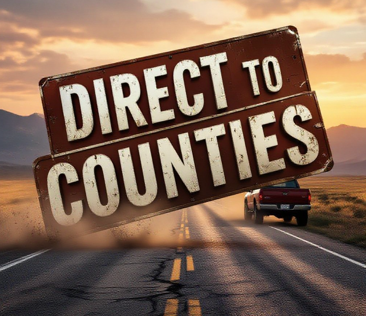 A viral, hyper-realistic YouTube thumbnail with a dramatic rural American atmosphere. The background is a cracked, pothole-riddled county road stretching into the sunset with distant Rocky Mountains, dust kicking up from a passing pickup truck, warm golden hour lighting. The composition uses a low dramatic angle to focus on the main subject: a massive weathered county road sign bent and battered. Image size should be 3:2.
The image features massive 3D typography with strict hierarchy:
The Primary Text reads exactly: 'DIRECT TO COUNTIES'. This text is massive, the largest element in the frame, rendered in rusted heavy metal with glowing orange edges to look like a high-budget 3D render.
The Secondary Text reads exactly: 'H.R. 7437'. This text is significantly smaller, positioned below the main text. It features a thick white border with red outline sticker style to contrast against the background. Make sure text 2 is always different theme, style, effect and border compared to text 1.